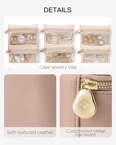 VLANDO Small Jewelry Box Organizer,Travel Jewelry Storage with 6 Velvet Jewelry Zipper Pockets,Travel Jewelry Case Birthday Gifts for Women Girls(Khaki) - color: 6PCS-Khaki