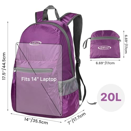 G4Free 20L Lightweight Packable Backpack Travel Hiking Daypack Foldable Backpack for Men Women - color: A-purple