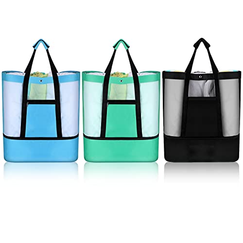 Oudain 3 Pcs Beach Bag with Cooler Mesh Beach Tote with Insulated Cooler and Pocket Waterproof Sandproof Beach Tote Bag Swim Pool Bag for Women Summer (Black, Blue and Green)