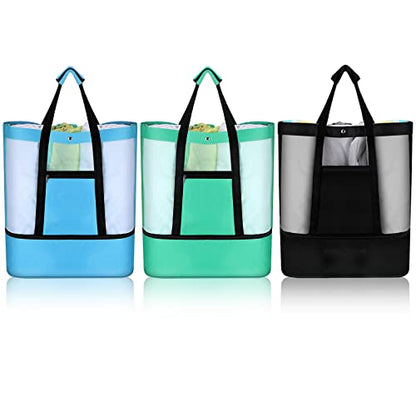 Oudain 3 Pcs Beach Bag with Cooler Mesh Beach Tote with Insulated Cooler and Pocket Waterproof Sandproof Beach Tote Bag Swim Pool Bag for Women Summer (Black, Blue and Green)