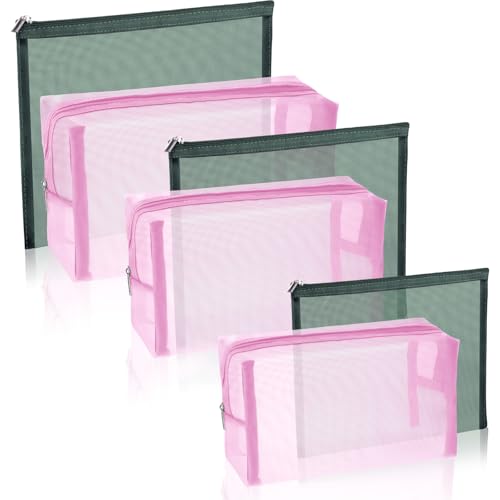 6 Pieces Mesh Makeup Bags Mesh Cosmetic Bag Portable Travel Organizing Zipper Pouch Toiletries Makeup Pouches for Home Office Travel Accessories - color: Green and Pink