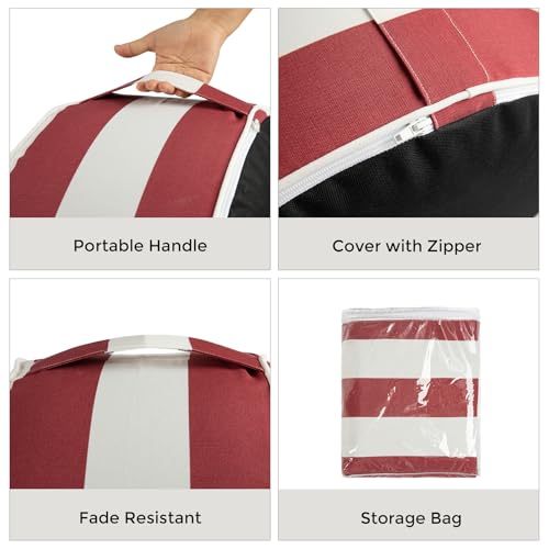 Inflatable Outdoor Ottoman with Air Pump,20"x9" Portable Patio Pouf,Water Resistant,Fade-Resistant,Round Blow Up Footrest Stools for Home Garden Camping Travel(Red White) - color: Red Stripe