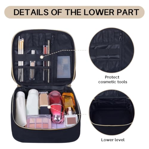 Double Layer Makeup Bag Portable Large Cosmetic Case Organizer with Adjustable Dividers Storage Travel Bag for Accessories Brushes Conditioner and Skin Care Products (Black)
