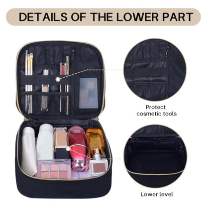 Double Layer Makeup Bag Portable Large Cosmetic Case Organizer with Adjustable Dividers Storage Travel Bag for Accessories Brushes Conditioner and Skin Care Products (Black)
