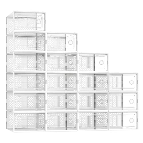 SONGMICS Stackable Shoe Boxes, Foldable Shoe Storage Organizers, Ventilated, for Max. Men's Shoes US Size 9 or Women's Shoes US Size 11, Sneakers, Set of 18, Transparent and White ULSP106W18V2 - color: Transparent + White, size: 18 Count