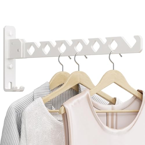 Wall Mounted Clothes Drying Rack, Wall Clothes Hanger Foldable, Laundry Hanger Hook for Bathroom, Wall Clothes Rack Indoor, Perfect for Small Spaces, White - color: White