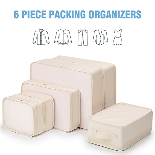 Mossio 6 Set Packing Cubes with Shoe Bag - Lightweight Travel Luggage Suitcase Organizers - color: Beige