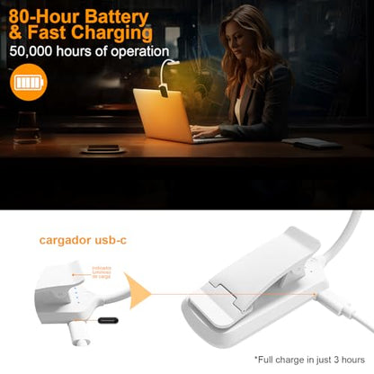 karidi Rechargeable 24 LED Book Light for Reading, 360° Flexible Gooseneck, 5 Color Tones, Clip-on for Books/Tablet/Bed, USB-C, 80H Glare-Free Eye Care (White) - color: White