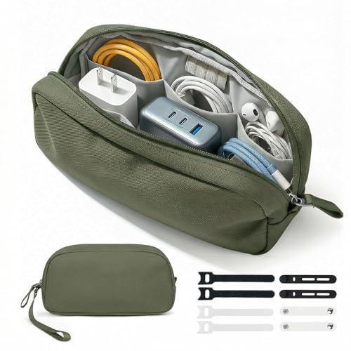 Travel Accessories Electronics Organizer, Waterproof Cable Organizer Bag for 3ft+ Cords, Tech Organizer Case for Charger, Phone & Airplane Gadgets, Army Green - color: Army Green, size: Medium