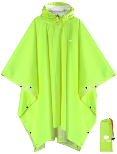 ANYOO Hooded Rain Poncho for Adults Waterproof Lightweight Rain Coat for Men Women Reusable Rain Jacket for Emergency Outdoor - color: Greenyellow