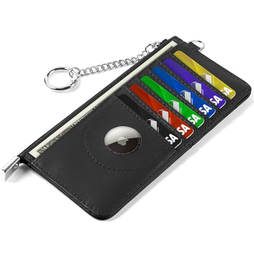 RFID Blocking Slim Credit Card Holder Wallet with Zipper Money Pocket & Keychain, Slim Airtag Wallet for Men Women - color: Cowhide Black