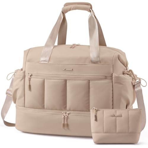 LOVEVOOK Travel Duffel Bag, Gym Bag for Women, Large Weekender Overnight Bags with Shoe Compartment, 38L Carry on Gym Hospital Bag with Wet Pocket, 2 Pcs - color: Khaki, size: Large-2 Pcs