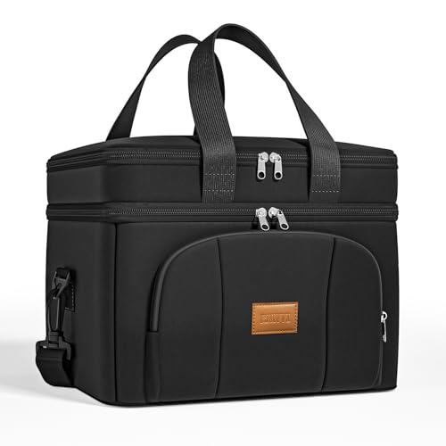 Rnivvi Lunch Box for Men, Double Decker Insulated Cooler Bag Lunch Bag Reusable Leakproof Tote Lunch Container with Strap for Work Family Picnic Hiking Camping, 18 Cans 12L, Large Adults, Black - color: Black
