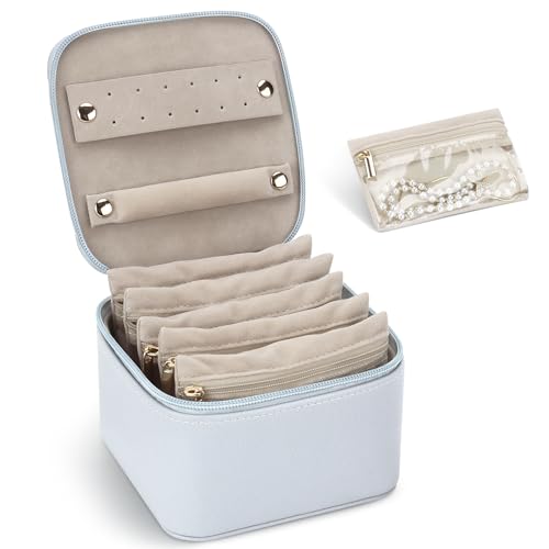 DesignSter Small Jewelry Box, Travel Small Jewelry Organizer with Earring Tray and Ring Holder, Square Travel Jewelry Storage Case with 6 Velvet Jewelry Pouches, Blue Gray - color: Blue Gray