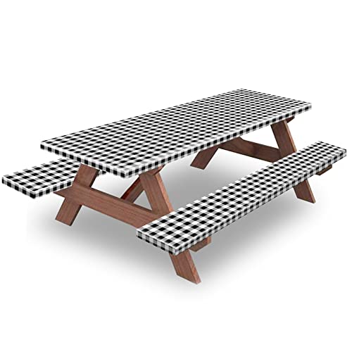 8.5ft Picnic Table and Bench Cover, Camping Essentials RV Gear, 102 in Waterproof Windproof Outdoor Elastic All Around Tablecloth, Fitted Rectangle Tables and Seats, Black-White Checkered - color: Black-white Checkered, size: 102"