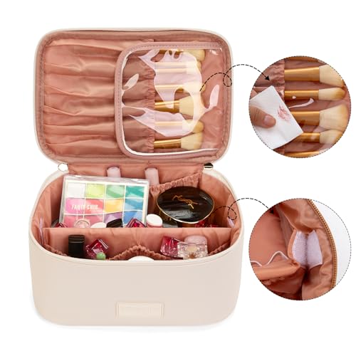 Montana West X Wrangler Travel Makeup Bag 2pcs Set Large Cosmetic Bag with Makeup Brush Holder Portable Make Up Organizer Cute Toiletry Bag with Divider and Handle for Women - color: Solid Beige
