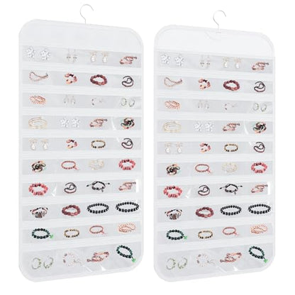 80 Pockets Double-Sided Hanging Jewelry Storage Bag, Transparent Earring, Bracelet, Ring Bag, 33x17 Inch Large Size Fits Wardrobe/Shelf Rod, Travel Portable, Non-Woven(White)