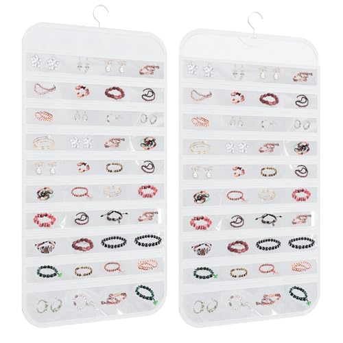 80 Pockets Double-Sided Hanging Jewelry Storage Bag, Transparent Earring, Bracelet, Ring Bag, 33x17 Inch Large Size Fits Wardrobe/Shelf Rod, Travel Portable, Non-Woven(White)