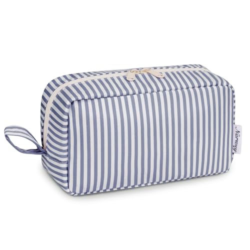 Narwey Cute Makeup Bag Small Toiletry Bag Travel Cosmetic Bag Organizer Make Up Bags with Organized Pockets for Women (Greyish Blue Stripe, Large) - color: AC-Greyish Blue Stripe, size: Large
