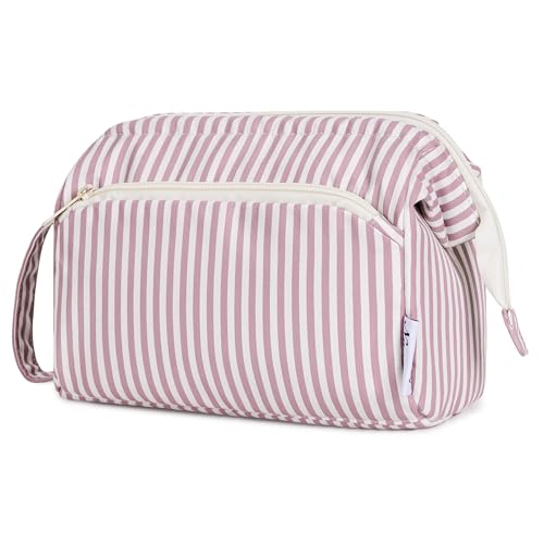 Narwey Striped Makeup Bag Women Wide-open Make up Bag Travel Cosmetic Bag Organizer Toiletry Bag for Cosmetics Toiletries Accessories (Dusty Rose Stripe) - color: ZY-Dusty Rose Stripe
