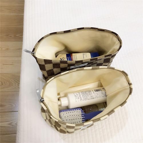 Wudygirl Checkered Makeup Bag Large Capacity Makeup Pouch Travel Cosmetic Pouch for Women Canvas Toiletry Bag Zipper Handbag Aesthetic (Khaki Checkered) - color: Khaki Checkered