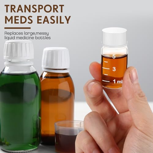 Baderke 4 Pcs Liquid Medicine Travel Container Scale Glass Liquid Containers Small Single Dose Medicine Bottles Dispenser and Leak-proof Plug Travel Essentials Accessories(Clear,5ml) - color: Clear, size: 5ml