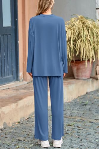 PRETTYGARDEN Women's Two Piece Lounge Sets Matching Long Sleeve Shirts Wide Leg Pants Tracksuits Travel Outfits Fall Clothes - color: Blue, size: Medium