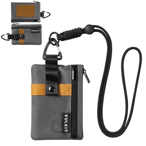 VULKIT Small Minimalist Wallet for Women and Men RFID Blocking, Zipper Coin Pouch with ID Window and Keychain, Water Resistant Travel Lanyard Wallet Grey - color: Grey