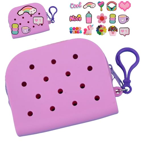 Soft Silicone Mini Coin Purse with Zipper and Cartoon Hole,with 15 pcs DIY Charms. Portable Keychain Pouch Organizer (Purple) - color: Purple