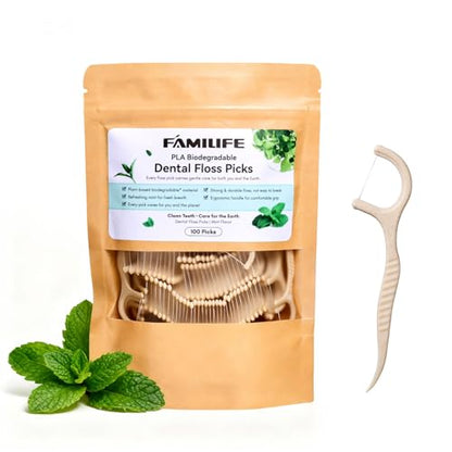 FAMILIFE Eco-Friendly Floss Picks (100Pcs) - Plant Based Dental Floss Picks with Strong Toughness, Natural Tooth Picks Flossers for Adults Daily Oral Cleaning & Gentle Gum Care, Mint Flavor - color: Beige 100 Pcs