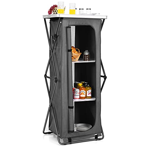Giantex Folding Camping Storage Cabinet with 3 Shelves and Carry Bag, Portable Outdoor Organizer Kitchen Table, Quick Set-up for BBQ, Picnic, Backyard, Compact Pop-Up Cupboard, 55''H - size: 55''H