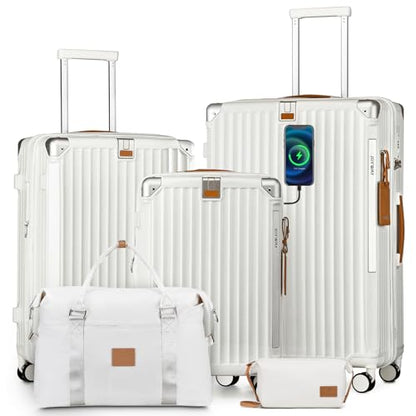 Joyway 5 Piece Luggage Set with Cup Holder, Expandable 25% Capacity, Includes Handbag, Anti Slip Wheels, Hook, Smart Carry On Suitcase for Men and Women, Spinner Travel White - color: White, size: 5 piece set (20/24/28inch-Handbag)