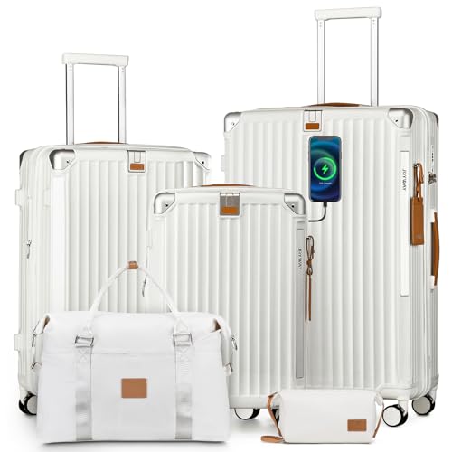 Joyway 5 Piece Luggage Set with Cup Holder, Expandable 25% Capacity, Includes Handbag, Anti Slip Wheels, Hook, Smart Carry On Suitcase for Men and Women, Spinner Travel White - color: White, size: 5 piece set (20/24/28inch-Handbag)