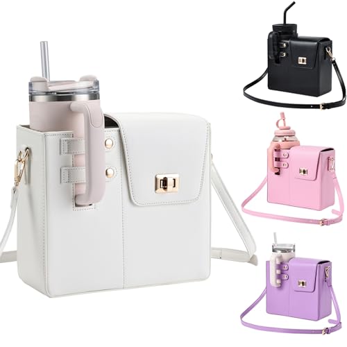 Outdoor Portable Crossbody Water Cup Purse Bag Water Bottle Carrier Bag with Phone Pocket Tumbler Carrier with Strap - color: White