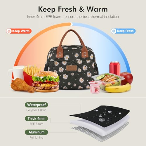 HOMESPON Insulated Lunch Bag for Women Men Adults Lunch Tote with Front Pocket Lunch Box Container Cooler Bag for Work Picnic (Black Daisy) - color: Black Daisy