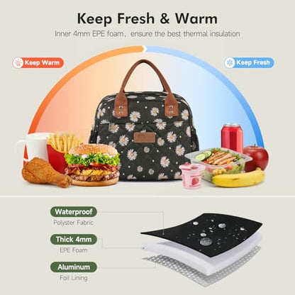 HOMESPON Insulated Lunch Bag for Women Men Adults Lunch Tote with Front Pocket Lunch Box Container Cooler Bag for Work Picnic (Black Daisy) - color: Black Daisy