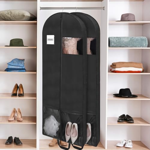 2 Pack 65" Long Garment Bags for Dress Travel Garment Bag with 4" Gusseted Wedding Dress Cover with 2 Mesh Pockets and 2 Carry Handles(Black) - size: 65" 2Pack