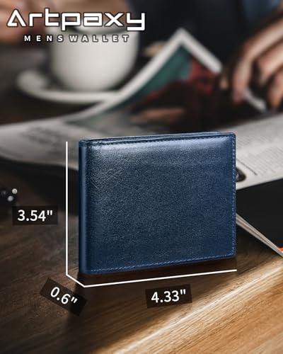 Artpaxy Mens Wallet Bifold Genuine Leather RFID Blocking Wallet for Men with 1 ID Windows 13 Card Holders 2 cash pockets 1 Gift Box - color: Navy Blue