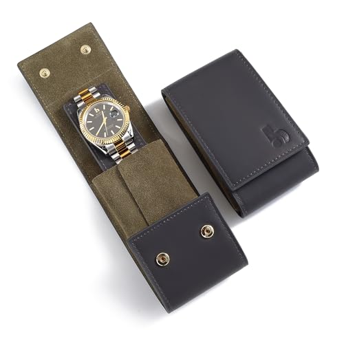 BUREI Leather Watch Travel Case Pouch Portable Watch Case for Men Single Watch Band Storage Bag Watch Accessories (Brown Black) - color: grey green