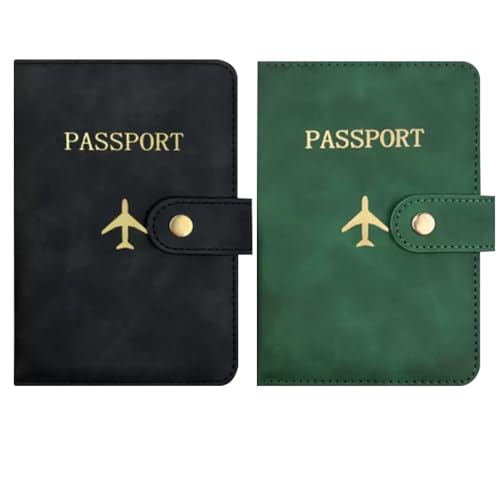 Passport Wallets Travel Holder Set,Slim Passport Case Covers and Organizer Slots Couple Travel Luggage Tags,Honeymoon gift - color: Black/green-aircraft
