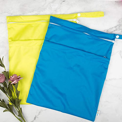babygoal Wet Dry Bags 3 Pack for Baby Cloth Diapers, Washable Travel Bags, Beach, Pool, Gym Bag for Swimsuits & Wet Clothes with 2 Pockets 3LN10 - color: Green and Blue
