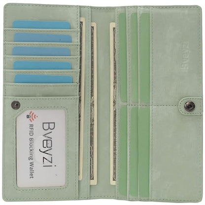 Bveyzi Ultra Slim Thin Leather RFID Blocking Credit Card Holder Bifold Clutch Wallets for Women - color: Sage Green