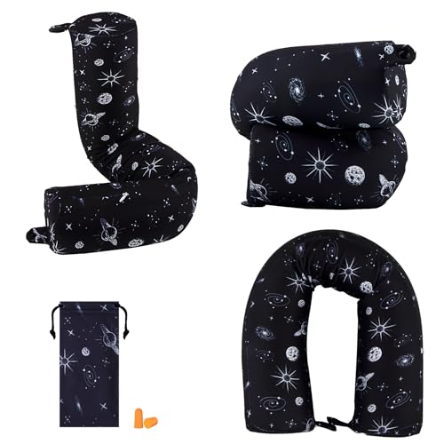 bvya Twist Memory Foam Travel Pillow for Neck, Chin, Lumbar and Leg Support-for Travling or at Home-Adjustable, Bendable Roll Pillow with Washable Elastic Polyester Cover & Eye Mask & Small Pouch - color: New Set #J