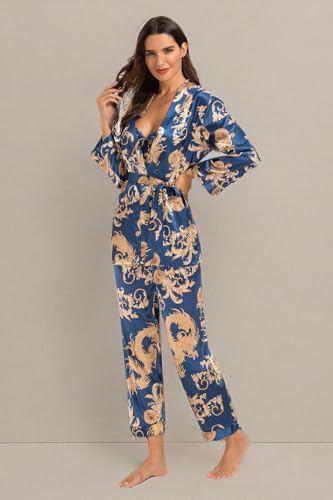 Escalier Women's Silk Satin Pajamas Set 3 Pcs Floral Silky Pj Sets Sleepwear Cami Nightwear with Robe and Pant - color: Navy, size: Large