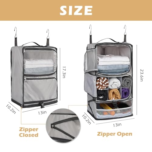 Surblue Hanging Shelves Travel Compression Packing Cube for Carry-on Luggage Suitcase Collapsible Transformable Garment Closet Organizers Large Capacity, Lightgrey, XL - color: Lightgrey, size: XL_13*10.2*23.2in