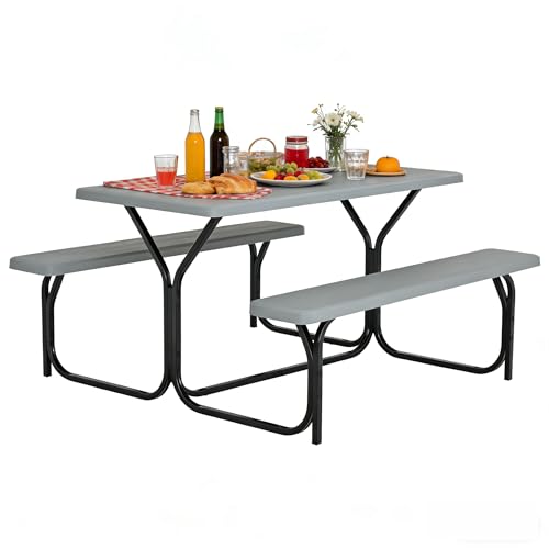 COSTWAY Outdoor Picnic Table, HDPE Plastic Picnic Table Bench Set with Weather Resistant Tabletop & Wood Texture, Ideal for Patio, Backyard (59" D x 54" W x 28.5" H,Grey) - color: Grey