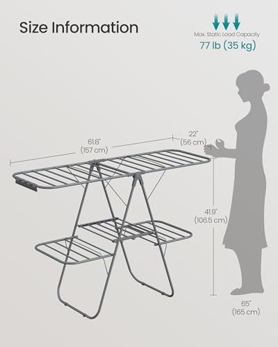 SONGMICS Clothes Drying Rack, Foldable 2-Level Laundry Drying Rack, Free-Standing Laundry Airer, with Height-Adjustable Wings, 33 Drying Rails, Sock Clips, Gray ULLR053G02V1 - color: Gray, size: 2 Tiers（22"d x 61.8"w x 64.3''h )