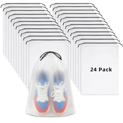 24 PCS Clear Shoe Bags for Travel, 11.8" x 15.7" Travel Shoe Bags for Storage and Packing, Waterproof Drawstring Shoe Bag for Traveling, Travel Essentials for Women and Men - color: Clear 24pcs