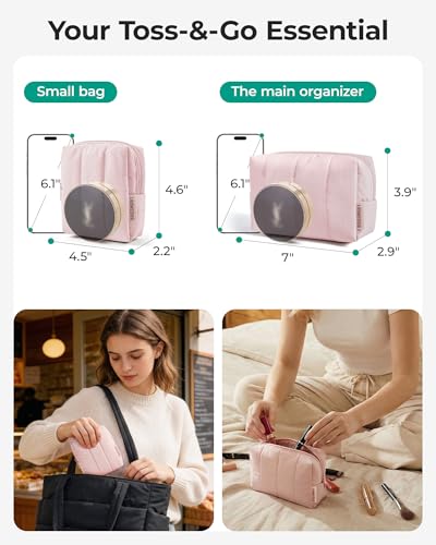 BAGSMART Makeup Bag Duo Set, Puffy Padded Travel Cosmetic Organizer with Slip-in Pockets, Large Toiletry Bag & Small Purse Pouch, Travel Essentials for Women, Baby Pink - color: 12-Baby Pink