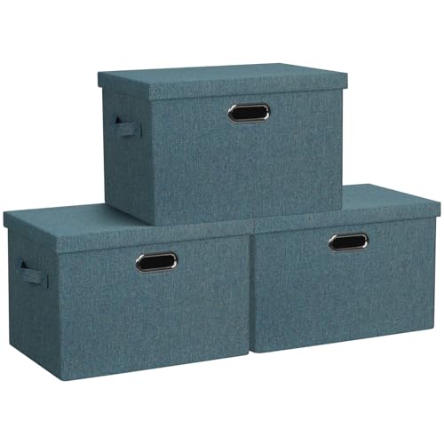 Graciadeco Large 17" 36 Quart Collapsible Stackable Storage Bins with Lids, 3 Packs Blue-Green Linen Fabric Closet Boxes with Lids, Storage Cube Baskets Container Organizers for Bedroom (17x12x11) - color: Blue-Green, size: Large -3 Pack